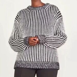 Elizabeth and James Black White Vertical Stripe Knit Crew Neck Pullover Sweater